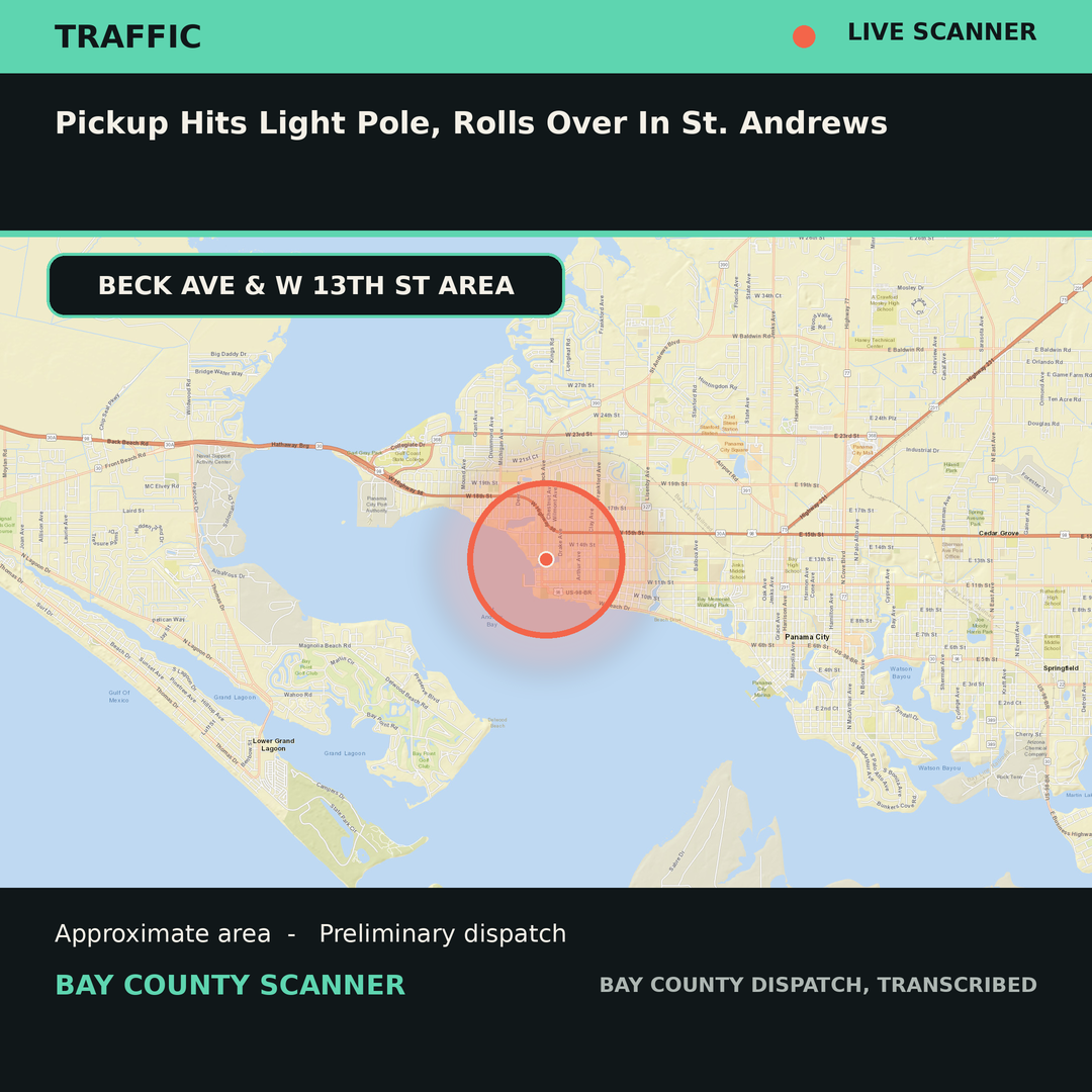 Map: PICKUP HITS LIGHT POLE, ROLLS OVER IN ST. ANDREWS