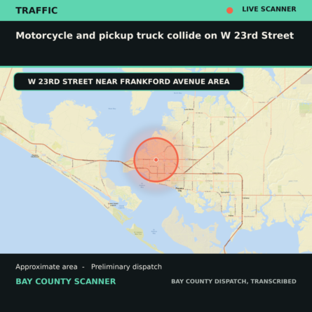 Map: Motorcycle and pickup truck collide on W 23rd Street