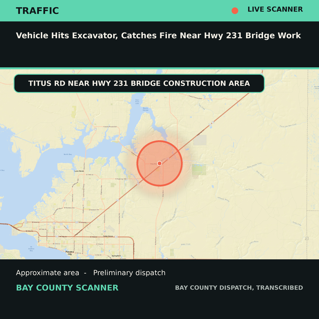 Map: Vehicle Hits Excavator, Catches Fire Near Hwy 231 Bridge Work