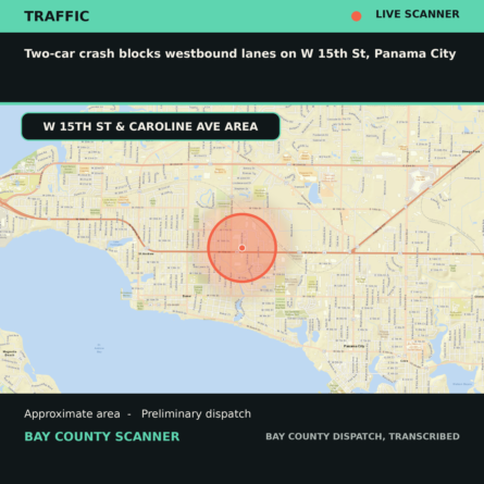 Map: Two-car crash blocks westbound lanes on W 15th St, Panama City