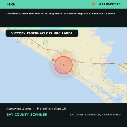 Map: Church evacuated after odor of burning inside - first-alarm response in Panama City Beach