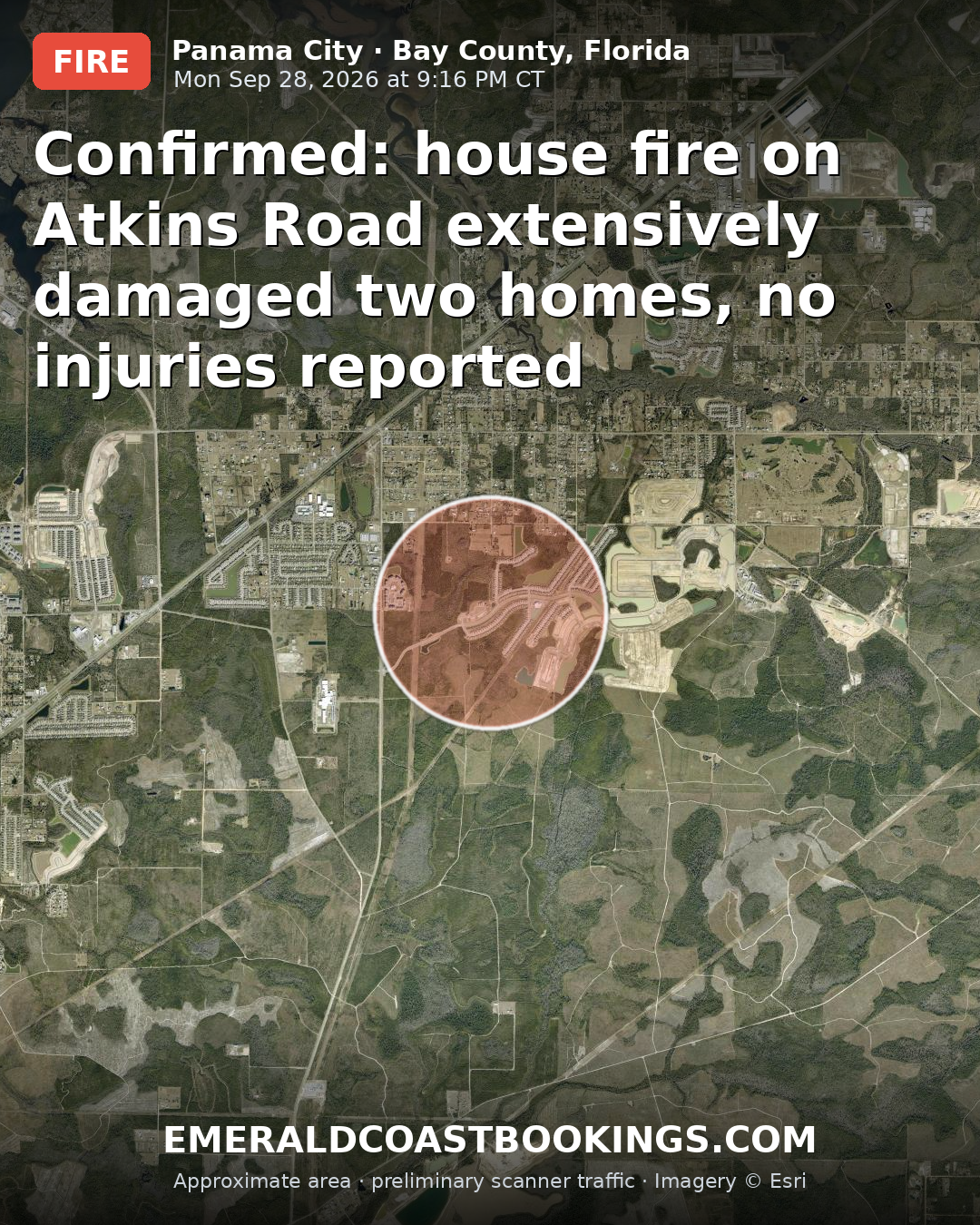 Map: Confirmed: house fire on Atkins Road extensively damaged two homes, no injuries reported