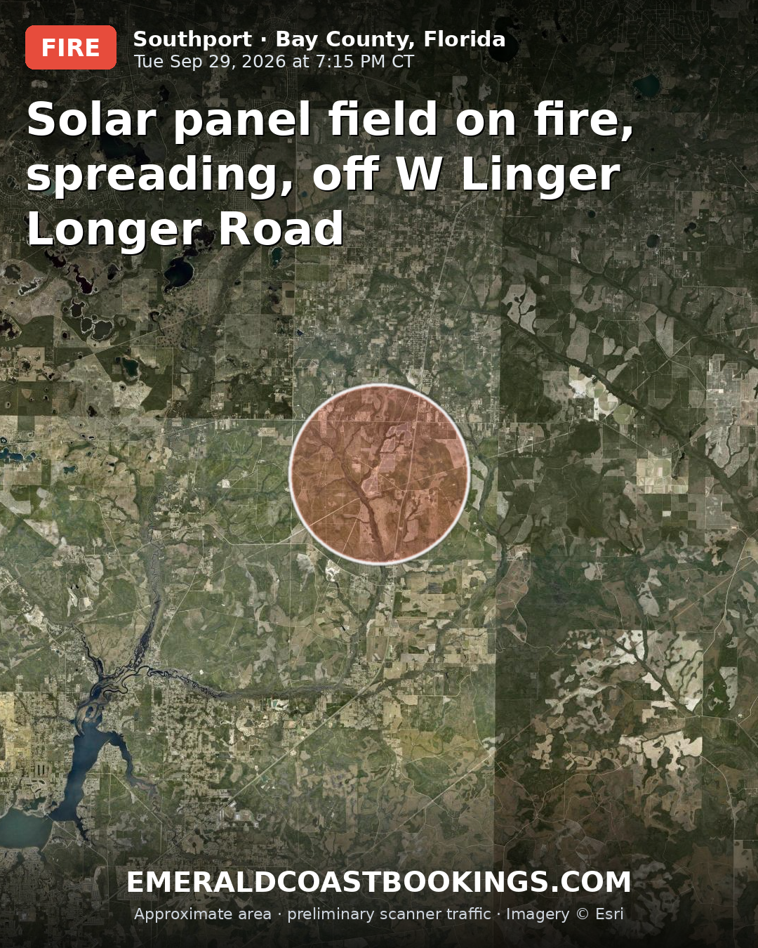 Map: Solar panel field on fire, spreading, off W Linger Longer Road