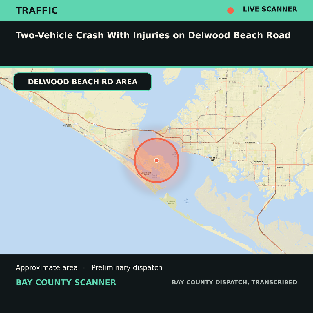 Map: Two-Vehicle Crash With Injuries on Delwood Beach Road