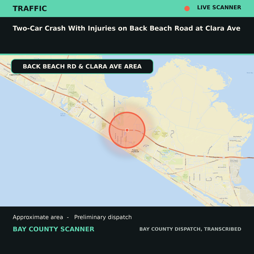 Map: Two-Car Crash With Injuries on Back Beach Road at Clara Ave