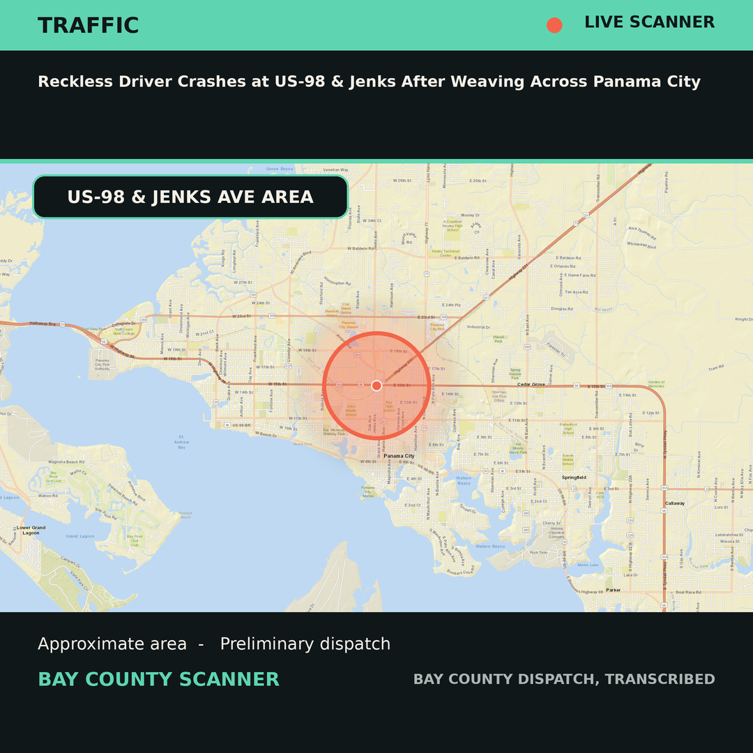Map: Reckless Driver Crashes at US-98 & Jenks After Weaving Across Panama City
