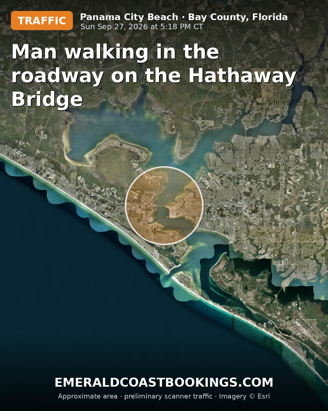 Map: Man walking in the roadway on the Hathaway Bridge