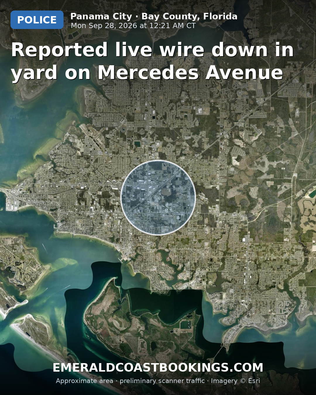 Map: Reported live wire down in yard on Mercedes Avenue