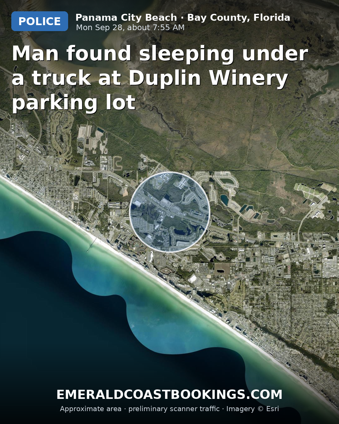 Map: Man found sleeping under a truck at Duplin Winery parking lot