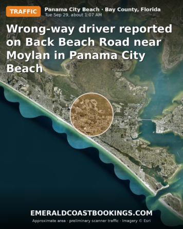 Map: Wrong-way driver reported on Back Beach Road near Moylan in Panama City Beach