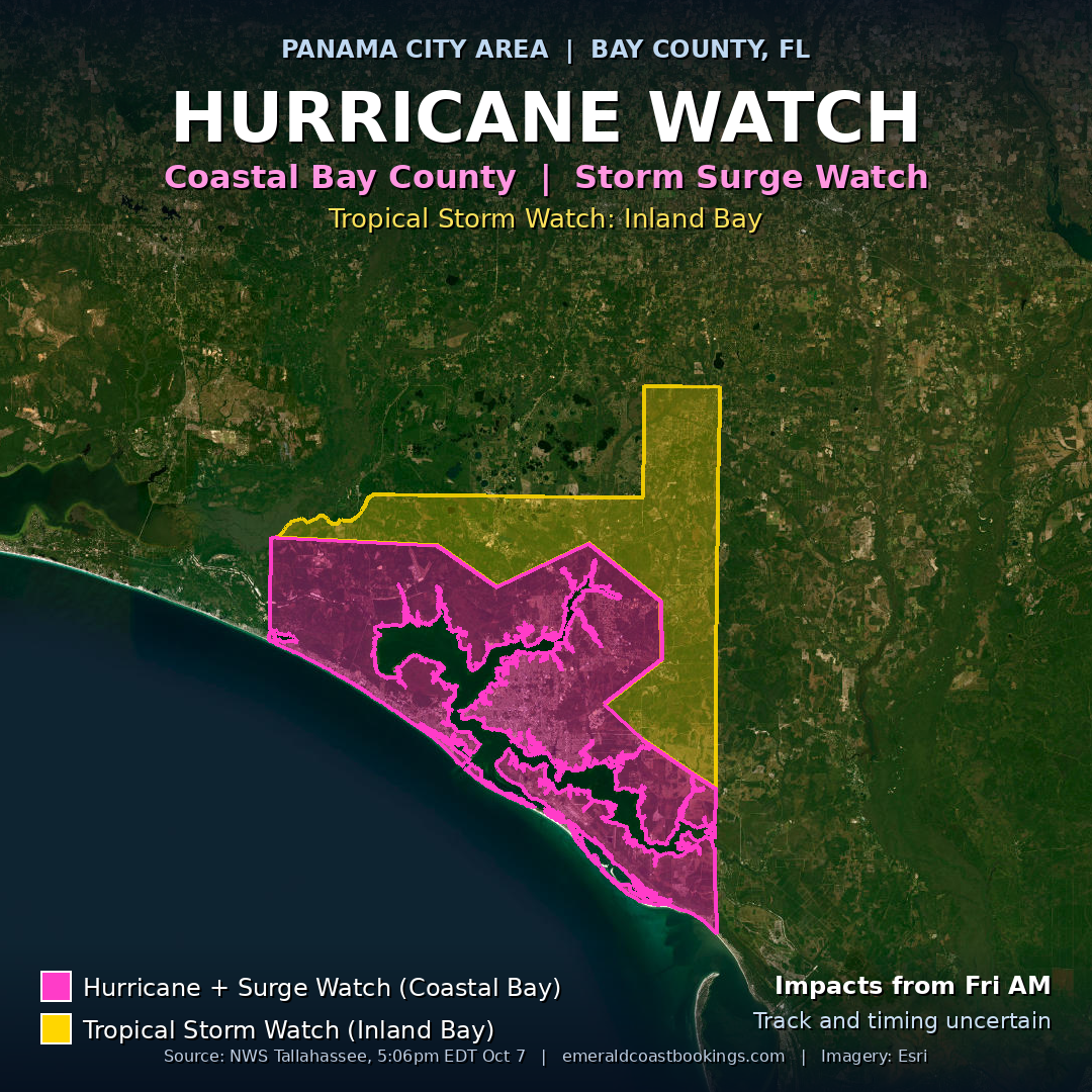 Map of Bay County, Florida showing the Hurricane Watch and Storm Surge Watch for Coastal Bay and the Tropical Storm Watch for Inland Bay