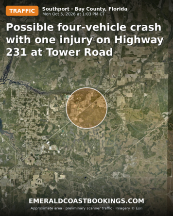 Map: Possible four-vehicle crash with one injury on Highway 231 at Tower Road