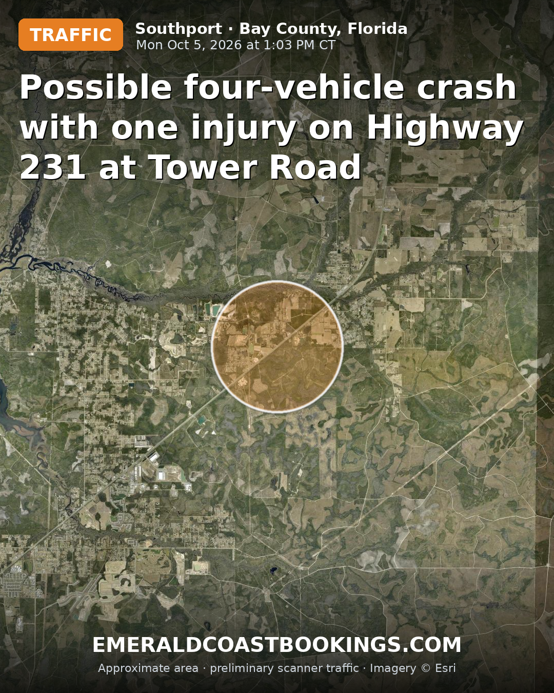 Map: Possible four-vehicle crash with one injury on Highway 231 at Tower Road