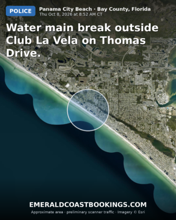 Map: Water main break outside Club La Vela on Thomas Drive.