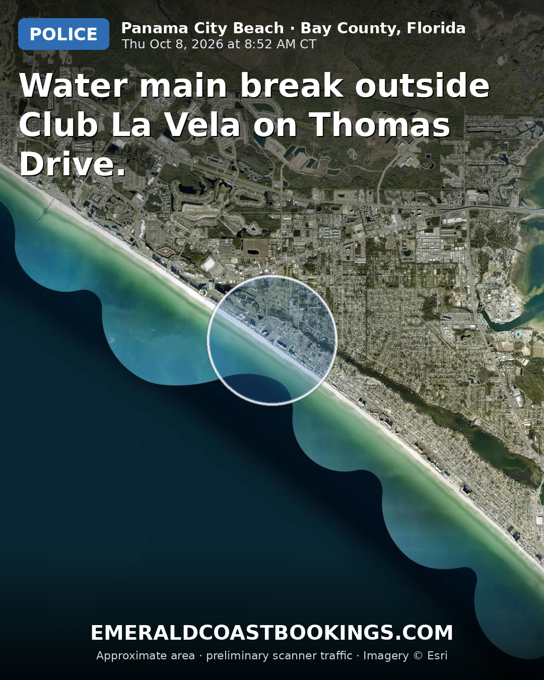 Map: Water main break outside Club La Vela on Thomas Drive.