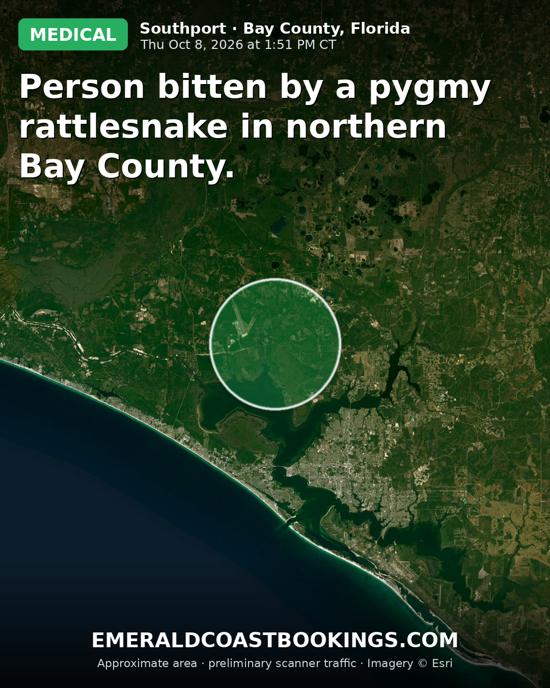 Map: Person bitten by a pygmy rattlesnake in northern Bay County.