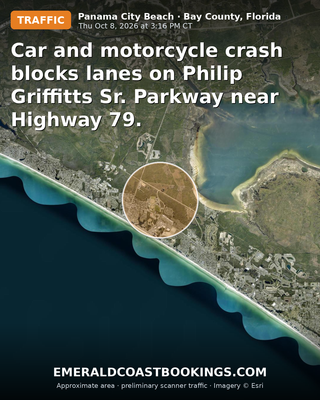 Map: Car and motorcycle crash blocks lanes on Philip Griffitts Sr. Parkway near Highway 79.