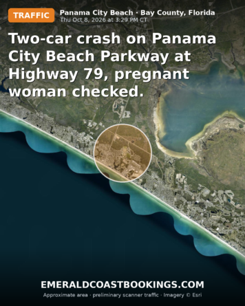 Map: Two-car crash on Panama City Beach Parkway at Highway 79, pregnant woman checked.