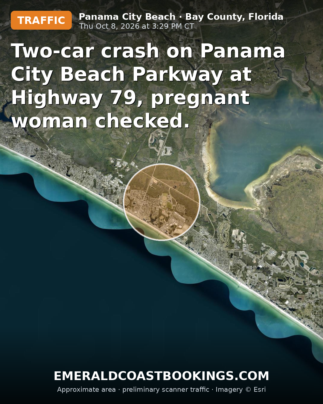 Map: Two-car crash on Panama City Beach Parkway at Highway 79, pregnant woman checked.