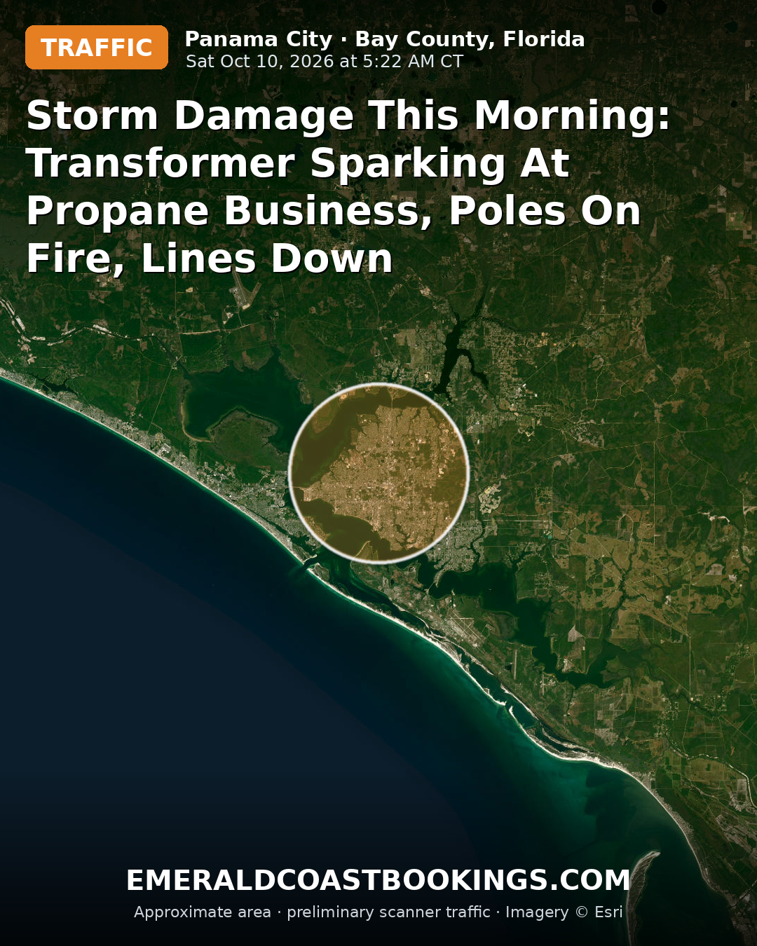 Map: STORM DAMAGE THIS MORNING: TRANSFORMER SPARKING AT PROPANE BUSINESS, POLES ON FIRE, LINES DOWN