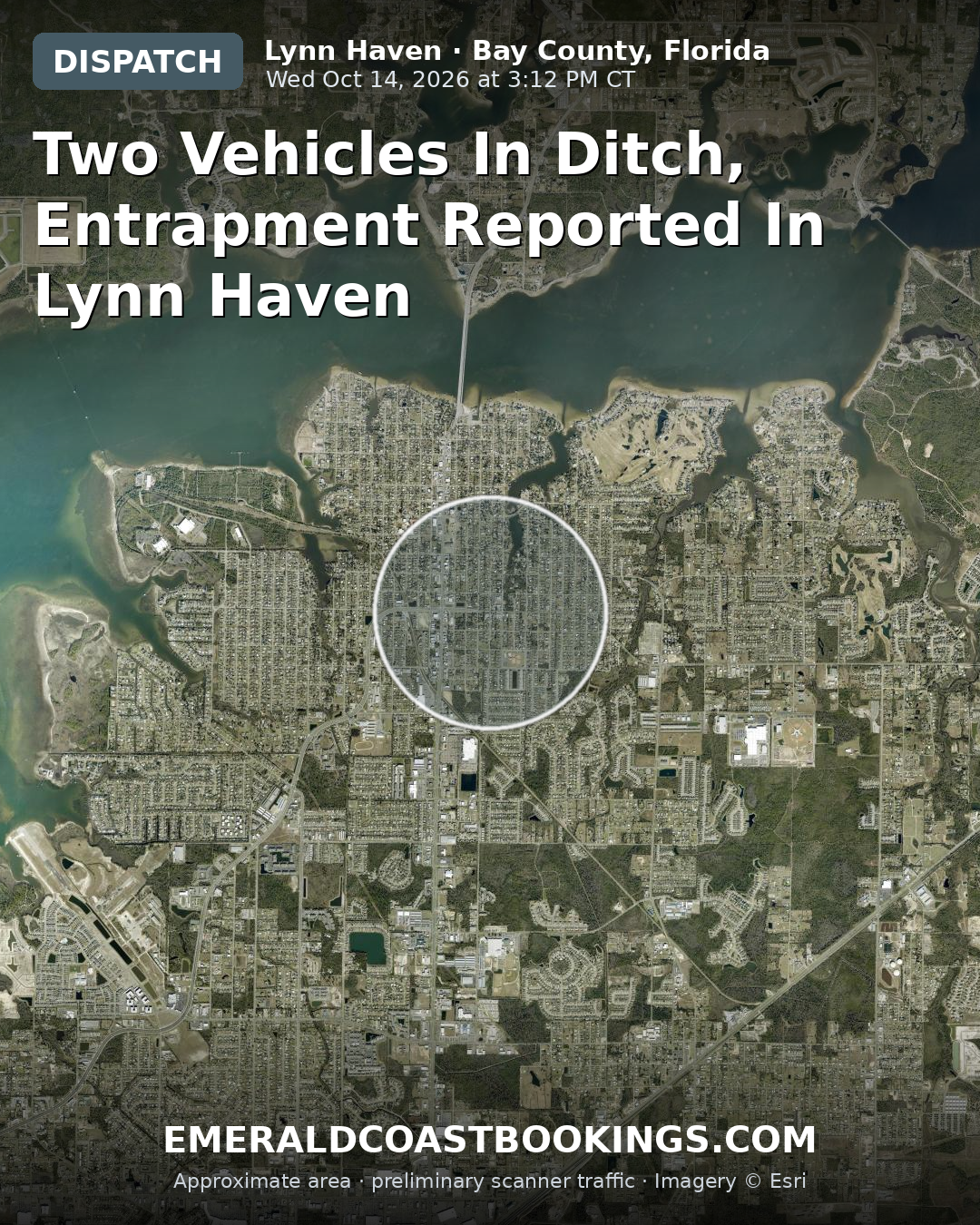 Map: TWO VEHICLES IN DITCH, ENTRAPMENT REPORTED IN LYNN HAVEN