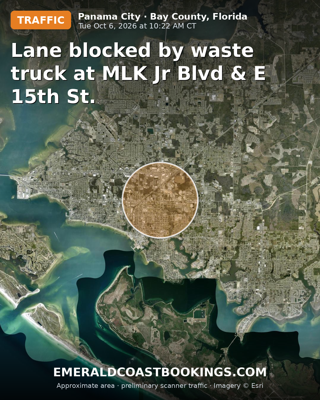 Map: Lane blocked by waste truck at MLK Jr Blvd & E 15th St.