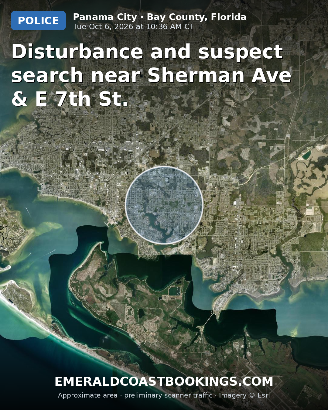 Map: Disturbance and suspect search near Sherman Ave & E 7th St.