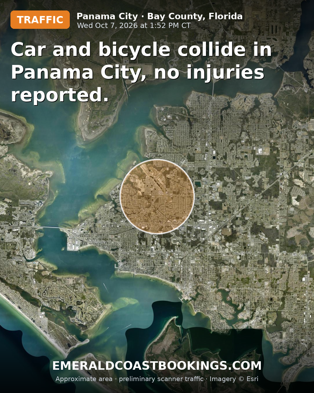 Map: Car and bicycle collide in Panama City, no injuries reported.