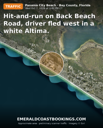 Map: Hit-and-run on Back Beach Road, driver fled west in a white Altima.