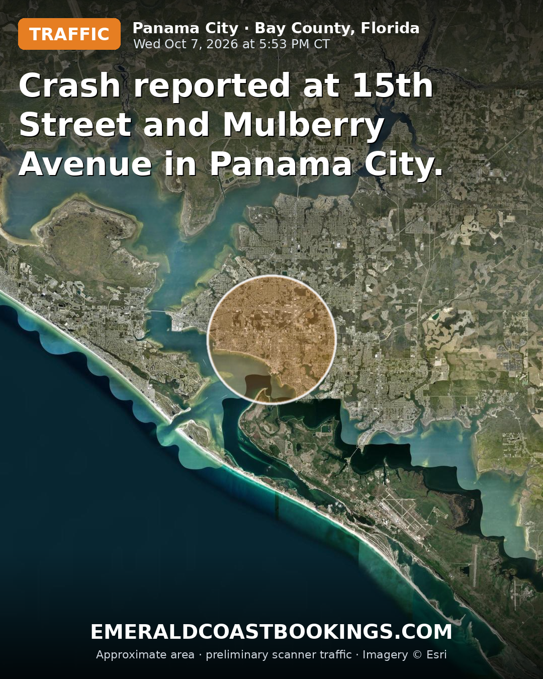 Map: Crash reported at 15th Street and Mulberry Avenue in Panama City.