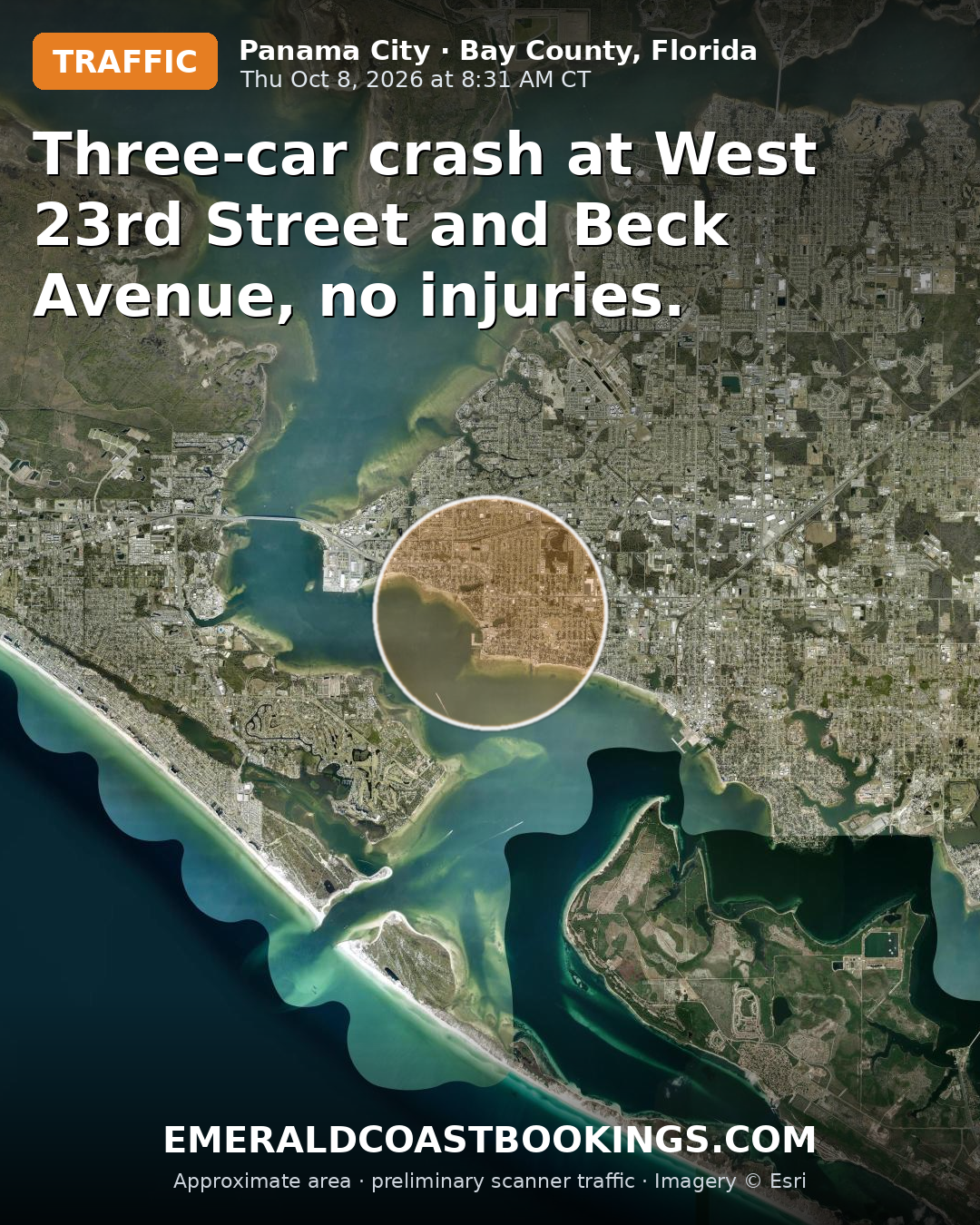 Map: Three-car crash at West 23rd Street and Beck Avenue, no injuries.