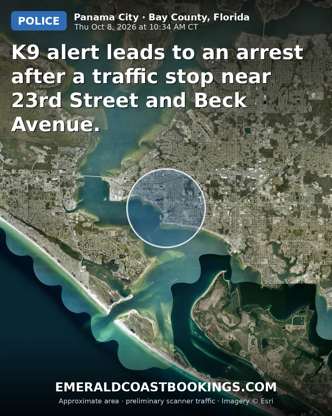 Map: K9 alert leads to an arrest after a traffic stop near 23rd Street and Beck Avenue.