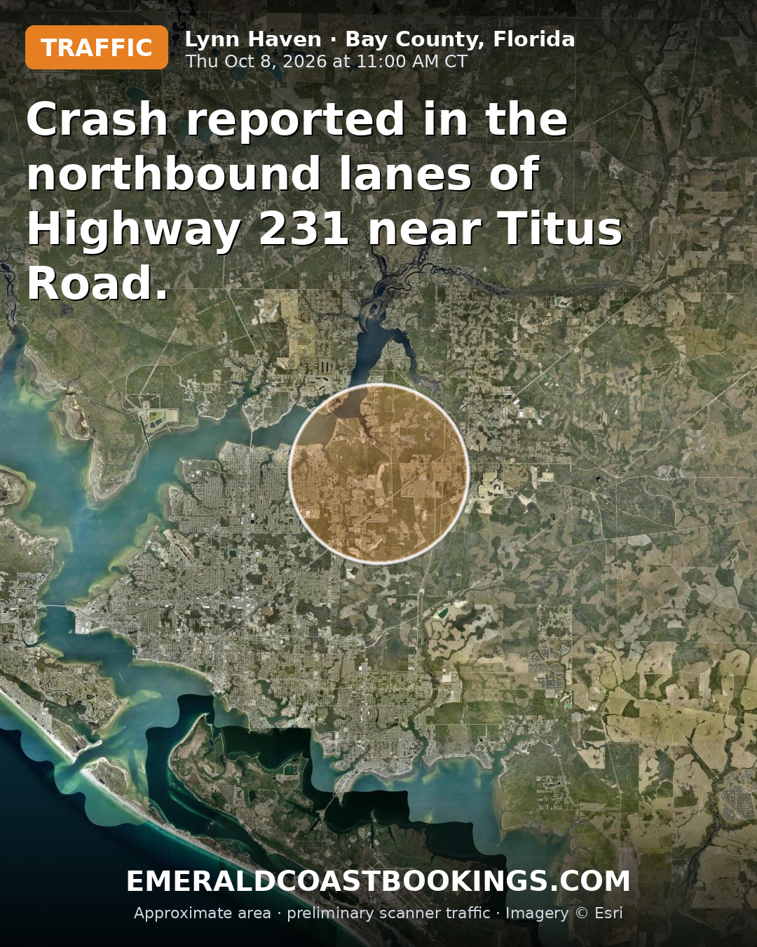 Map: Crash reported in the northbound lanes of Highway 231 near Titus Road.