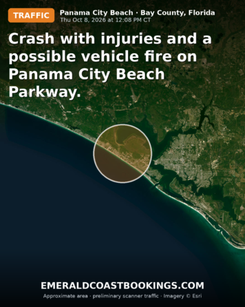 Map: Crash with injuries and a possible vehicle fire on Panama City Beach Parkway.