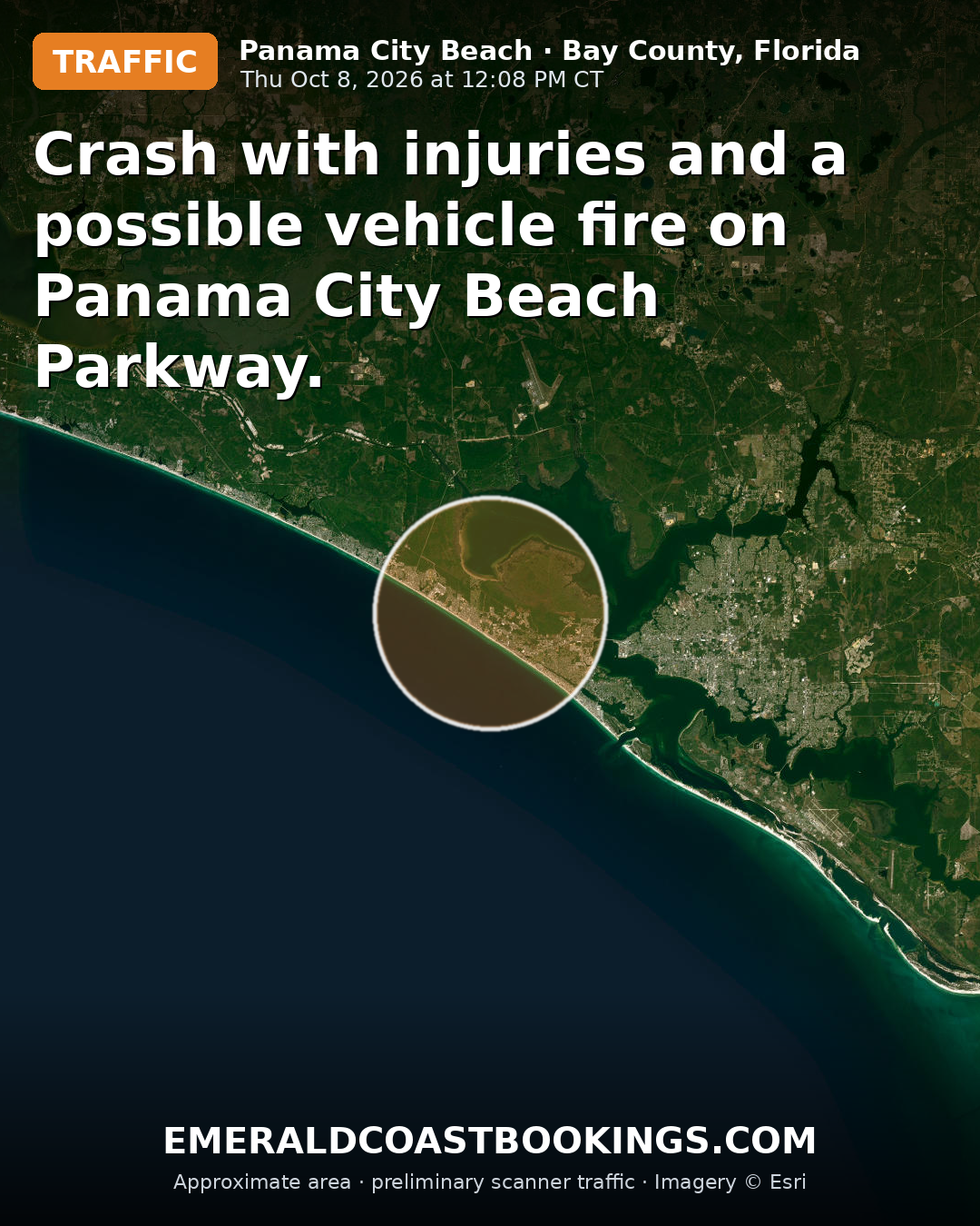 Map: Crash with injuries and a possible vehicle fire on Panama City Beach Parkway.