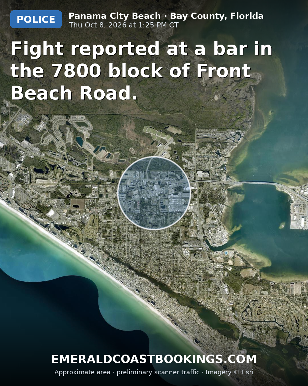 Map: Fight reported at a bar in the 7800 block of Front Beach Road.