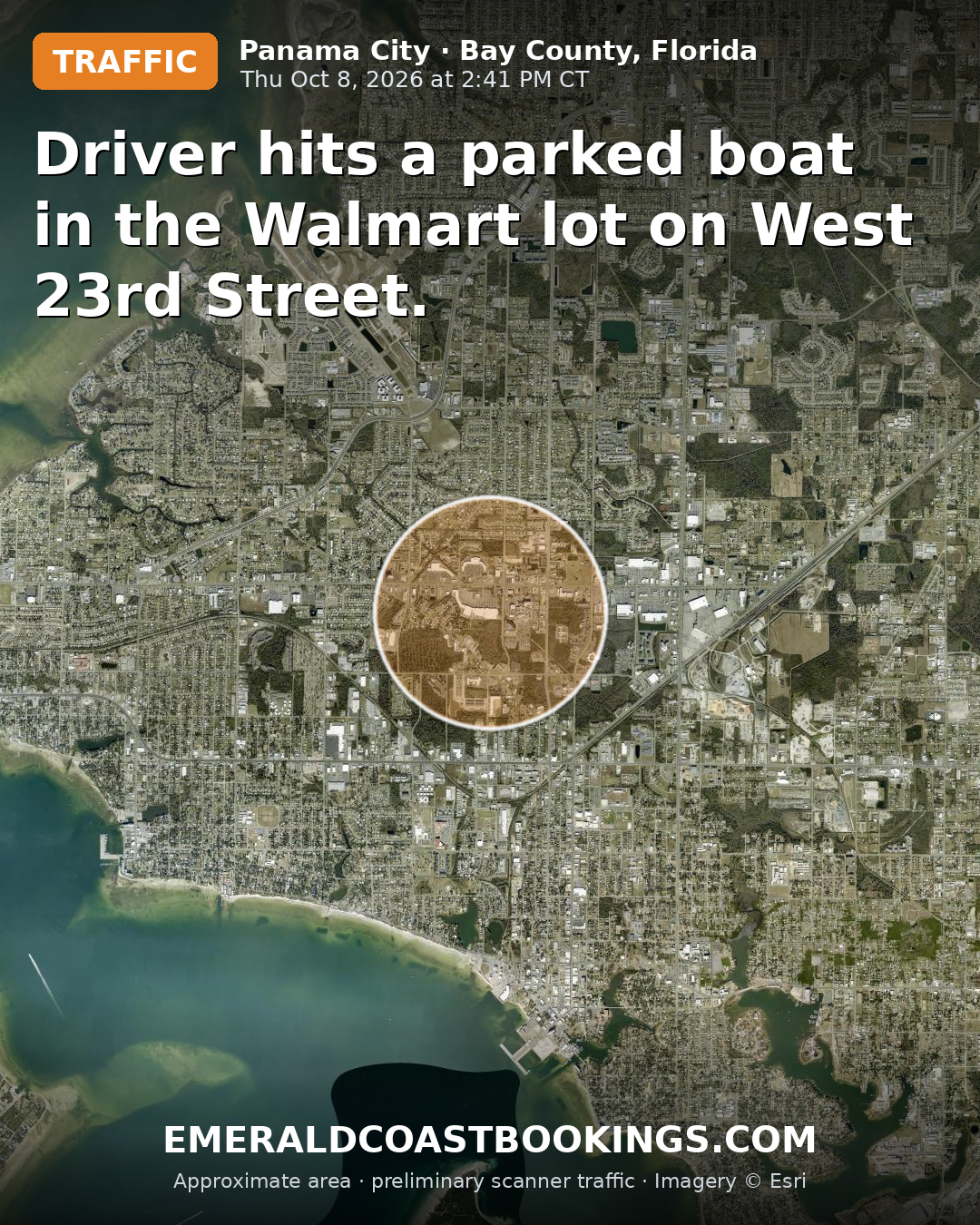 Map: Driver hits a parked boat in the Walmart lot on West 23rd Street.