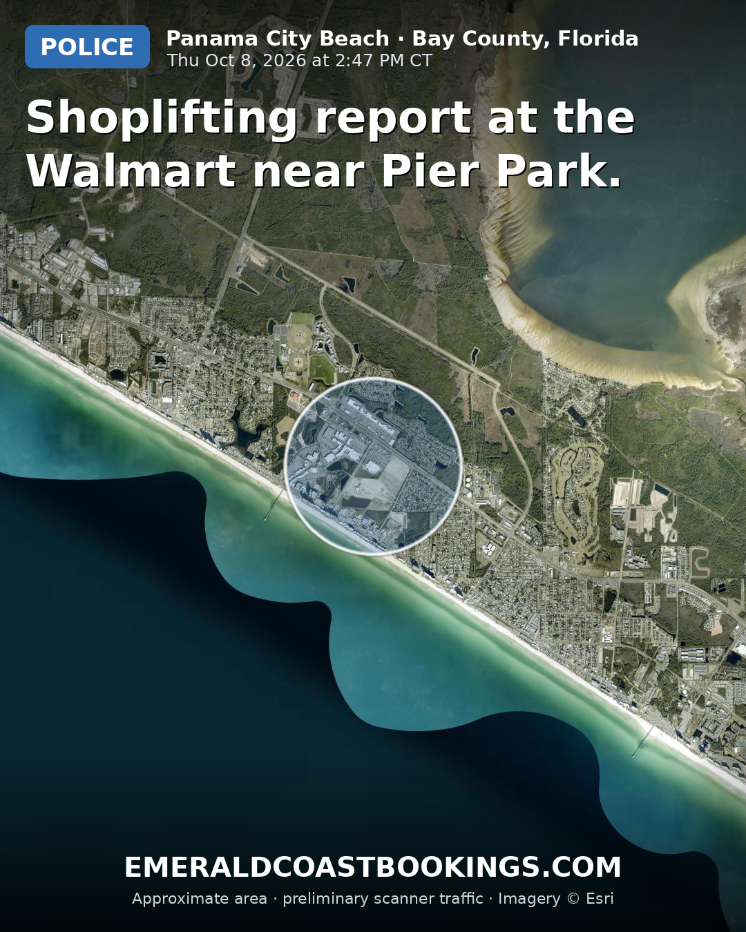 Map: Shoplifting report at the Walmart near Pier Park.
