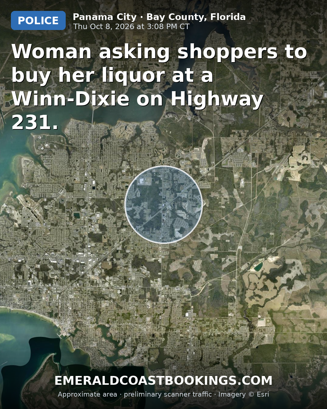 Map: Woman asking shoppers to buy her liquor at a Winn-Dixie on Highway 231.