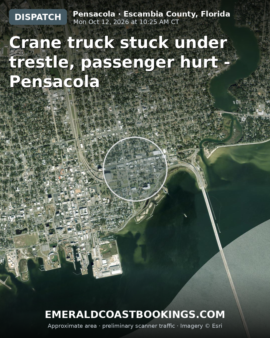 Map: Crane truck stuck under trestle, passenger hurt - Pensacola