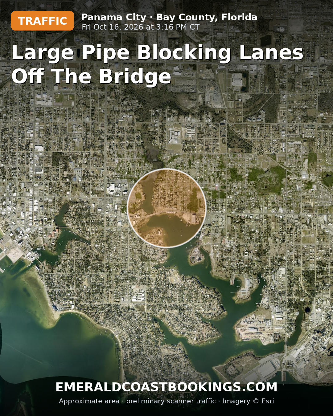 Map: LARGE PIPE BLOCKING LANES OFF THE BRIDGE